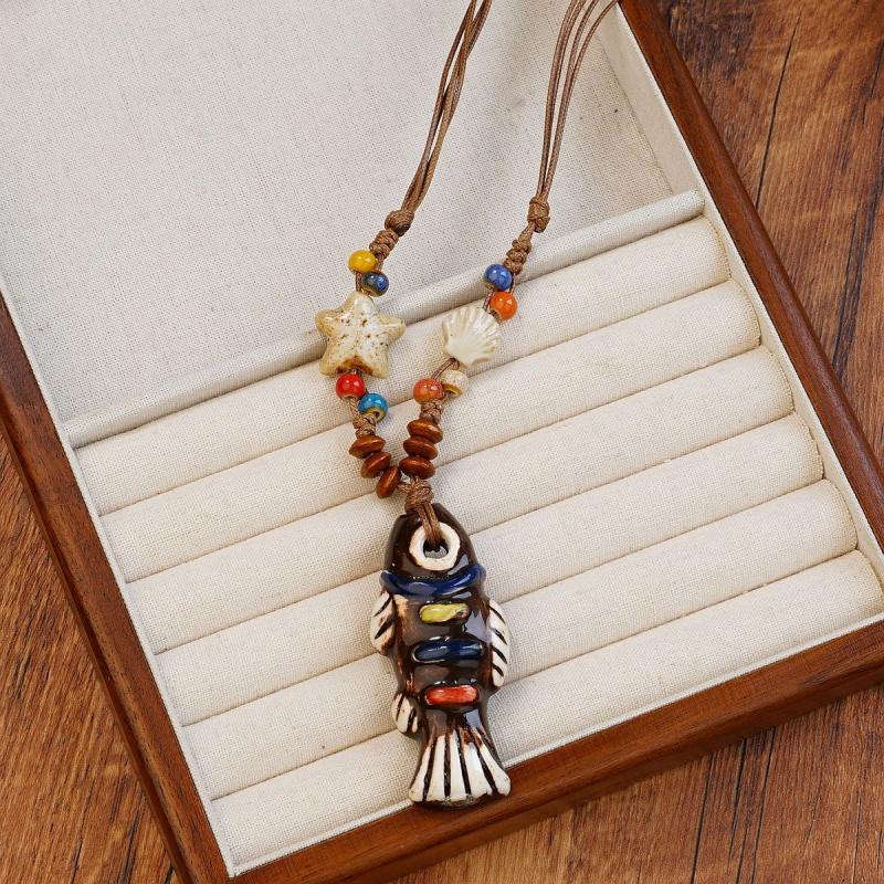Ethnischer Stil Keramikfisch Halskette für Damen Mädchen Chinesischer Stil Keramikperlen Lange Pulloverkette Modeschmuck Zubehör Geschenk