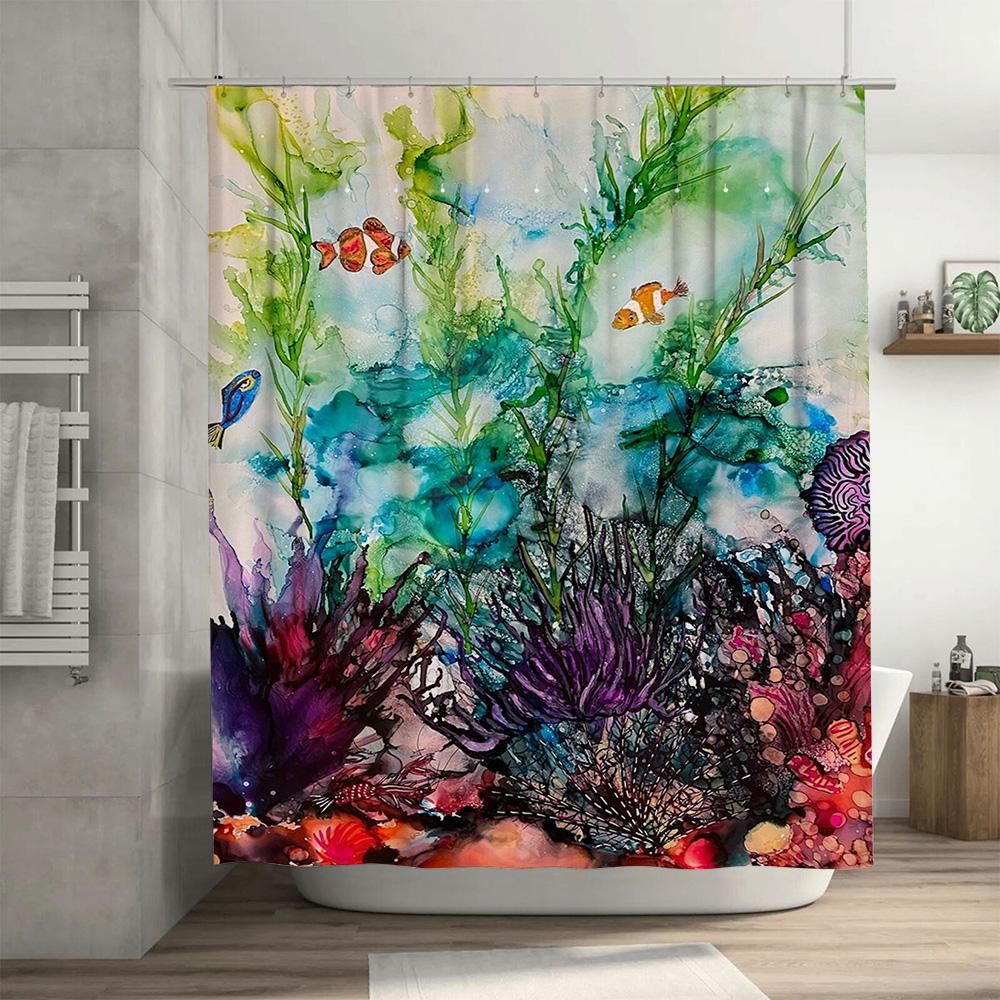 Colorful Coral Reef Shower Curtain Waterproof Fabric Decorative Bath Room Hanging Set for Home Decoration in Multicolored Waterc