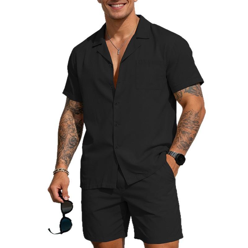 Completo casual da uomo a 2 pezzi, tinta unita, manica corta, camicia con bottoni e pantaloncini, set estivo