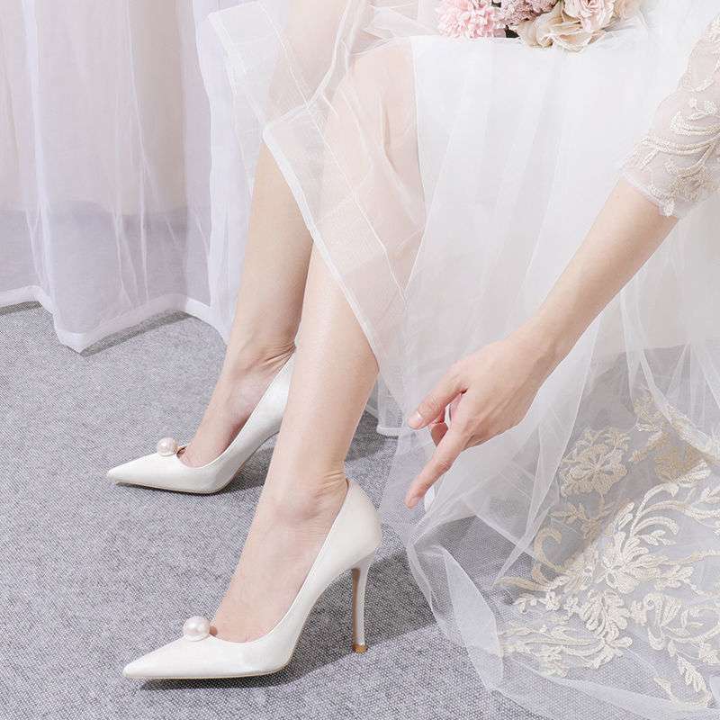 2025 New Pointed White Pearl High Heels 7cm Stiletto Green Single Shoes Women's Red Bridal Wedding Shoes
