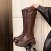 Winter Height Increase Knight High Women Boots Platform Thick Heels Shoes Female Belt Buckle Long Booties  De Muje