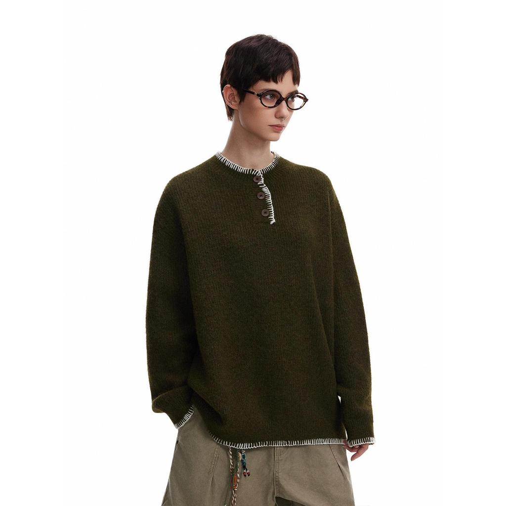 Unisex Retro Henley Neck Knit Sweater - Casual Autumn Pullover