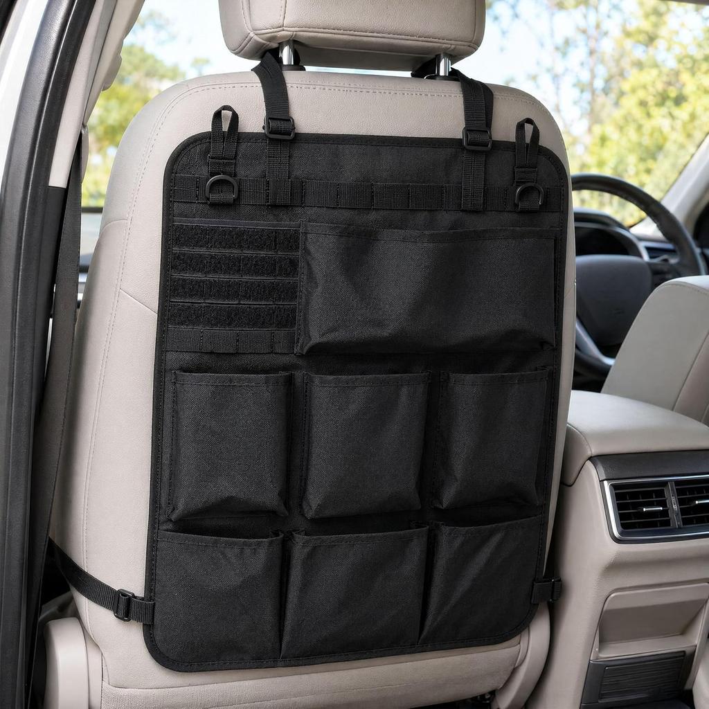 YUMENO seat back pocket car storage MOLLE compatible rear headrest small item holder tissue case hanging easy installation black
