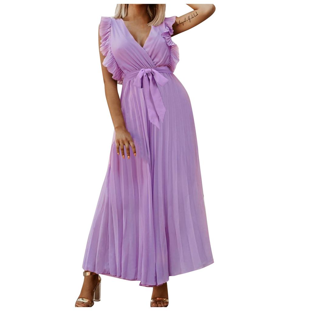 Women's Fashion Slim Sexy Ruffle Sleeve Chiffon Pleated Skirt Solid Color Dress