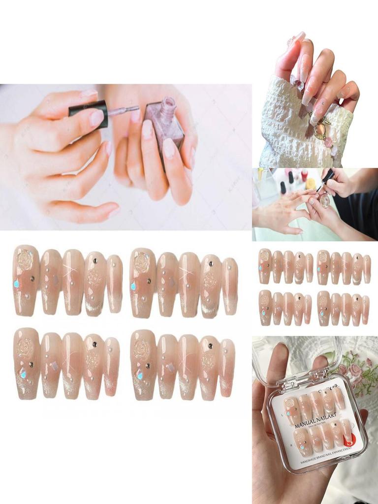 Handmade Long Floral Nail Stickers In Pure Desire Style For Ladies Xs S M L