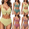 Damen Zweiteiliger Badeanzug Stoff High Waist Bikini Set mit vorne gebundenem Knoten Top und U-Ausschnitt Design für Strandbekleidung