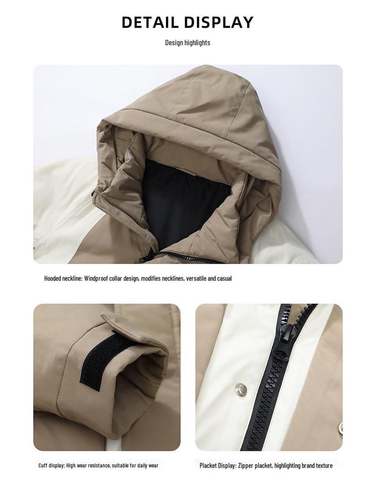 Trendy Hooded Patchwork Down Jacket for Couples: Autumn/Winter, Two-Way Zipper, 90% White Duck Down, Fashion Forward