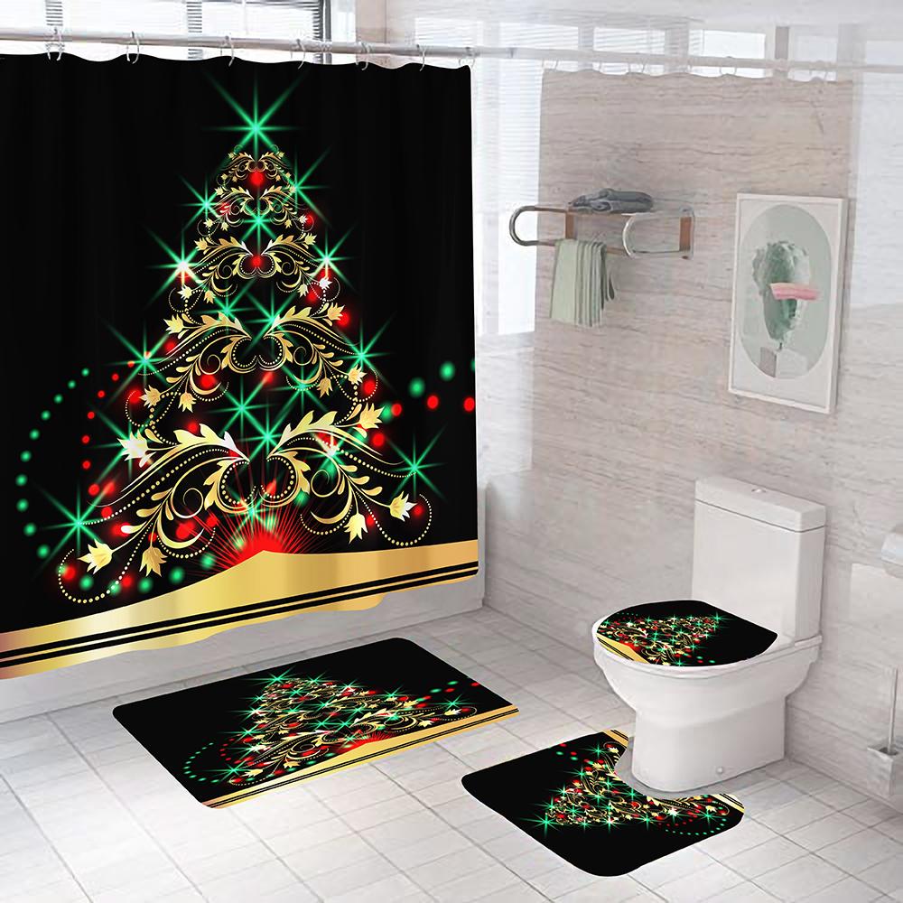 Christmas Tree Bathroom Set Shower Curtain Set Waterproof Santa Claus Anti-Skid Rugs Toilet Cover Bath Curtains Set With Hooks