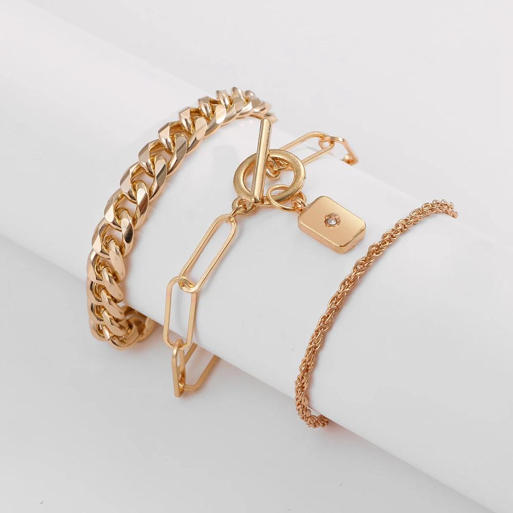 3PCS Fashion Thick Chain Link Bracelets for Women Vintage Snake Chain Gold Color Silver Color Bangles Bracelets Set Punk Jewelry
