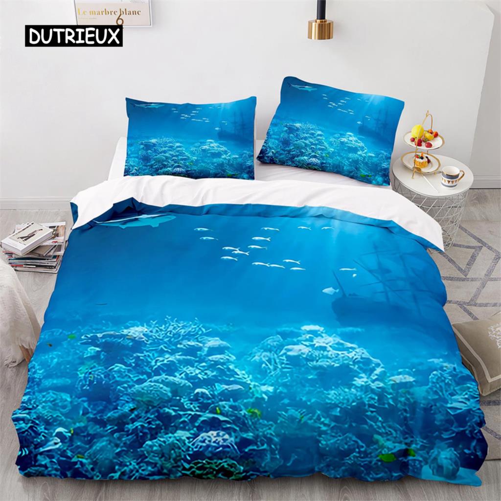 Duvet Cover Ocean Underwater World Bedding Sets with Goldfish Coral Reef Quilt Cover for Kids Teens Children Bedroom Decoration
