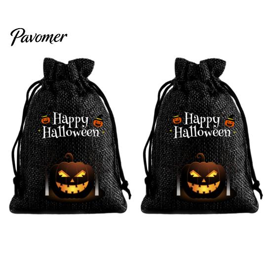 Trick or Treat Party Souvenirs 2Pcs Halloween Pumpkin Drawstring Bags for Candy Treats, Retro Burlap Rustic Linen Goodie Bags, Portable Kids