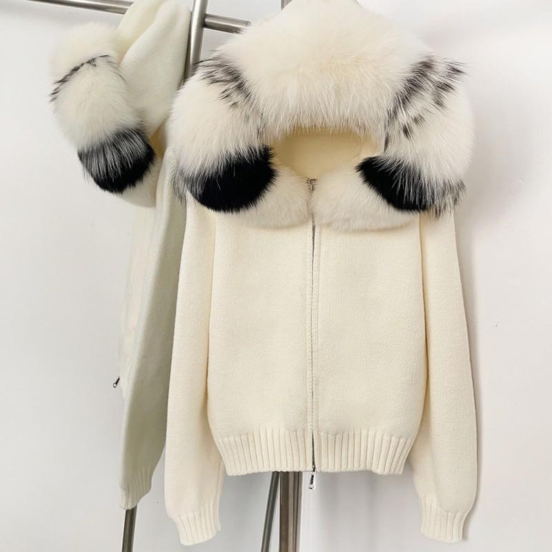 Damen Übergroßer Strick-Cardigan Mit Abnehmbarer Echtfuchsfell-Kapuzenrand Lockerer Schnitt Langarm Reißverschluss Vorne Pullover