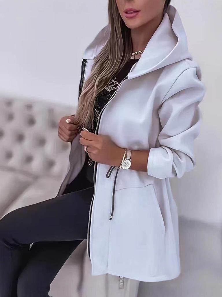 Europäische & Amerikanische Damenmode Reißverschluss Kapuzenjacke Mittellang mit Taillengürtel