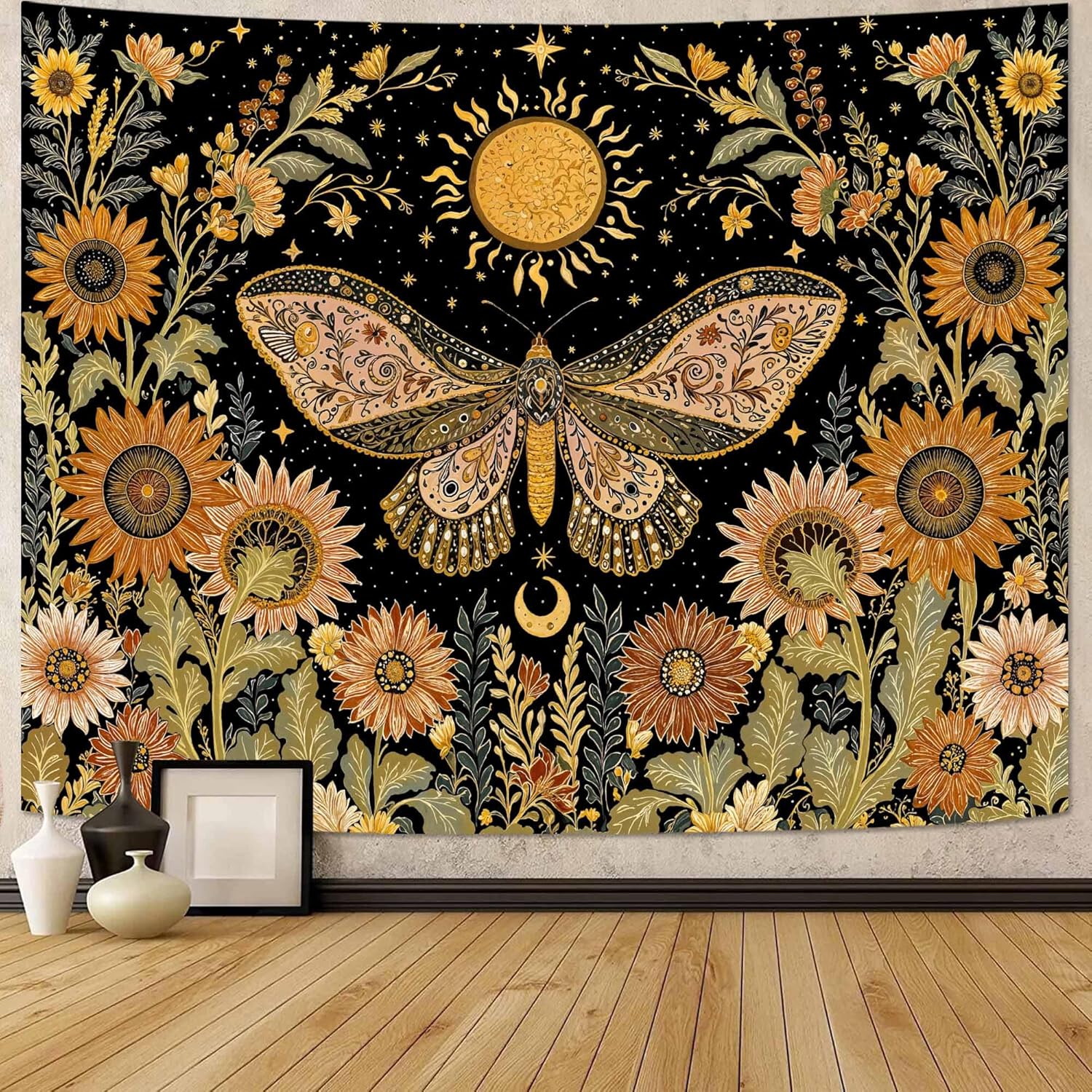 

VIKAMA Yellow Butterfly Moonlight Flower Tapestry Retro Bohemian Style Living Room Dormitory Wall Hanging Home Decor 74x94cm(29x37in)