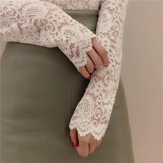 Turtleneck Long Sleeves Perspective Thin Bottoming Top Women Embroidery Floral Crochet Lace Hollow Top
