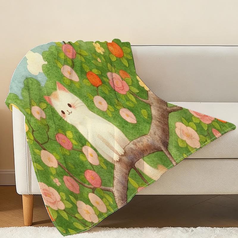 Soft Flannel Fleece Blanket - High-Density Plush, Cute Cat Pattern, Warm Cozy Throw for Home Decoration, Halloween & Christmas