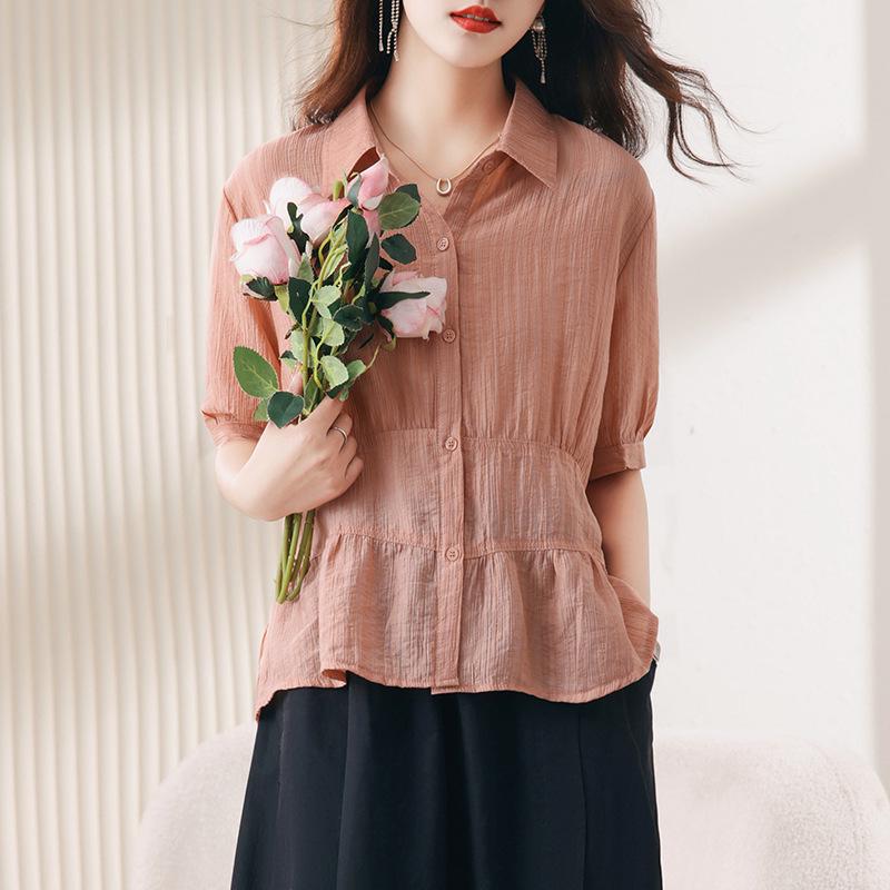 

Стильный топ из тенселя с коротким рукавом для женщин: Летняя мода, бросающая вызов возрасту Large розовый