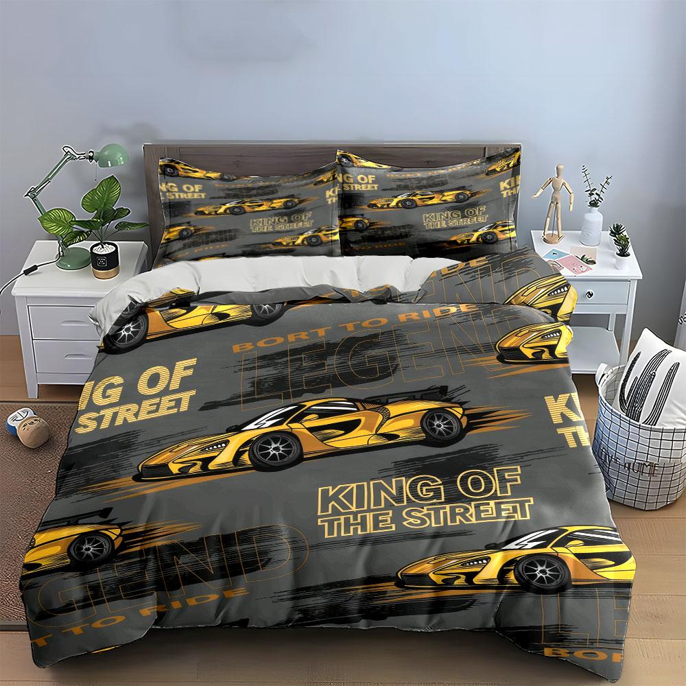 Golden Racing Car Streetwear Design kid's and adults' bedroom decor, Exquisite three-piece bedding set gift