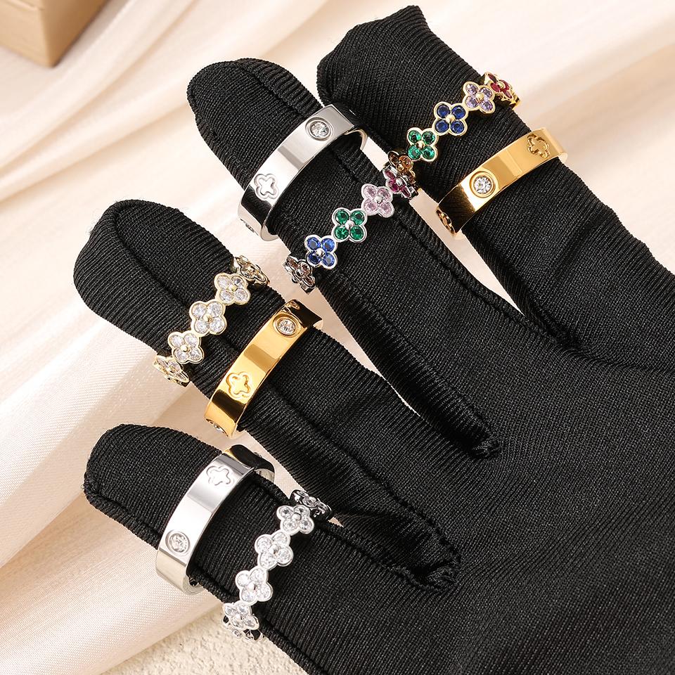 French  Niche Design Four-leaf Flower Zircon Rings Set For Women High Quality 18K Gold-plated Stainless Steel Finger Ring