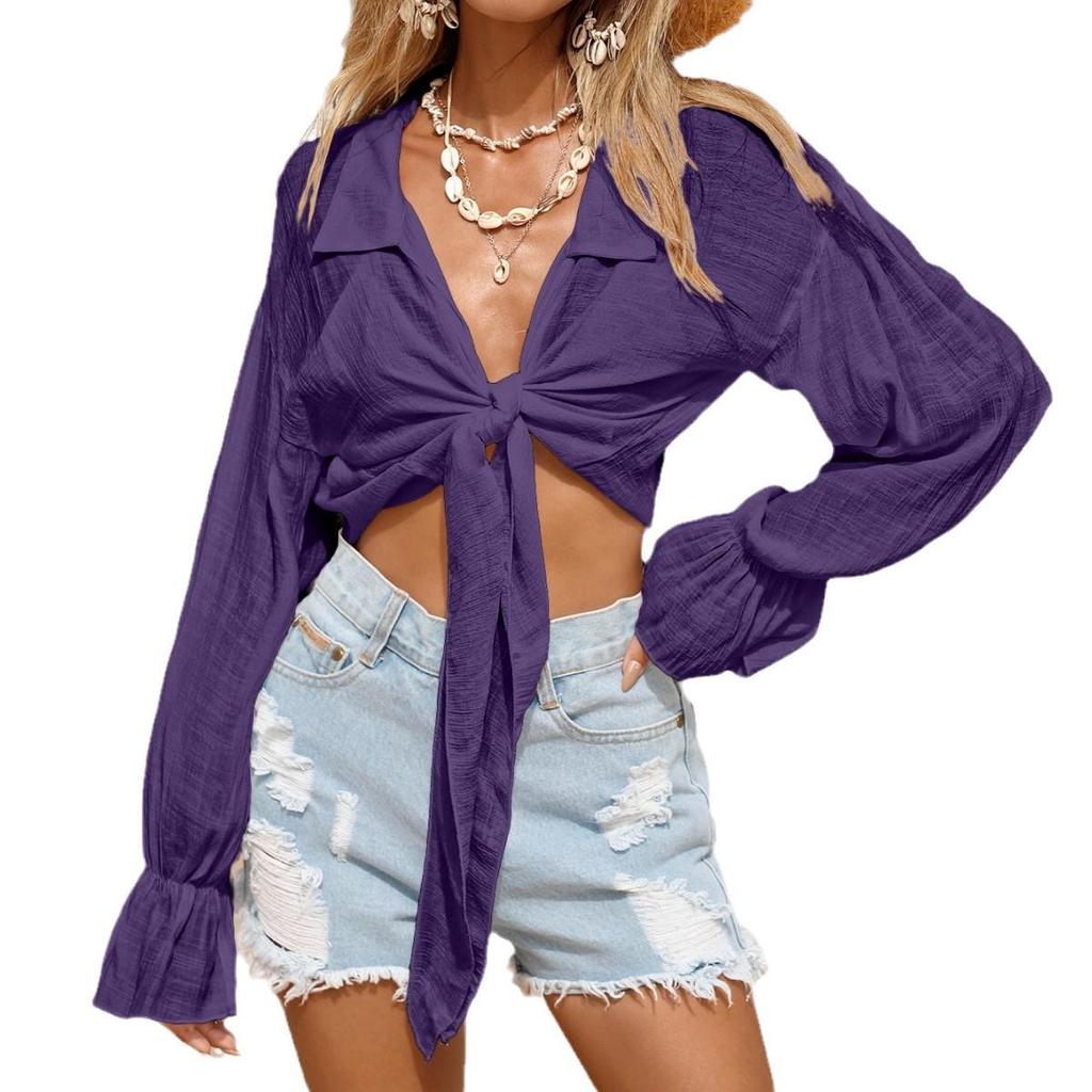 Long-Sleeve Bamboo Cotton Beach Cover-Up with Front Tie for Women