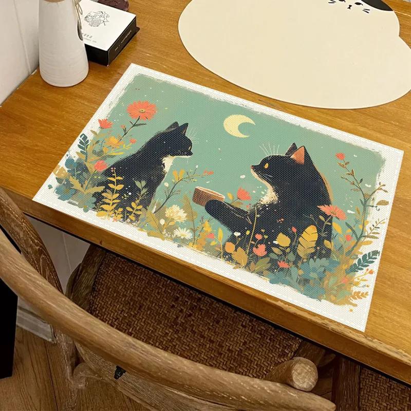 1PC Cartoon Black Cat Print Placemat Dining Table Decor Linen Tableware Coaster Set Kitchen Accessories For Kids Birthday Party