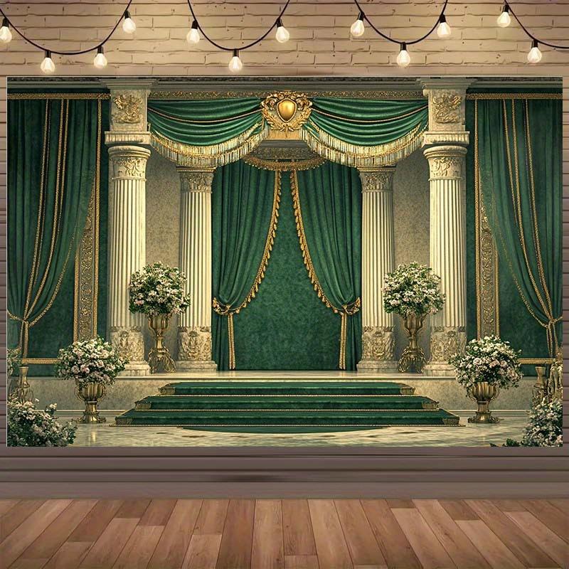 One Piece of Luxurious Background Fabric for European Palaces - with Emerald Green and Gold Accents, Made of Polyester Fabric