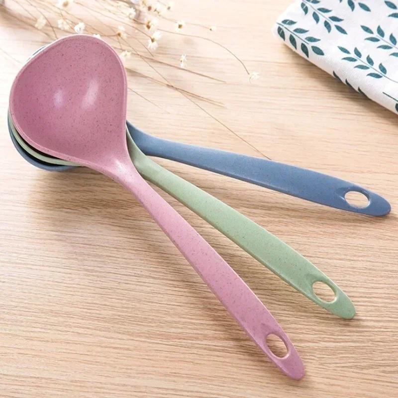 Kitchen Convenience Tableware Wheat Straw Soup Ladle 4 Colors Long Handle Soup Rice Spoon Meal Dinner Scoops Cooking Tools