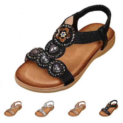 Bohemian Style Rhinestone Embellished Comfortable Thick Sole Beach Sandals Elastic Back Strap Slip On Summer Footwear for Women