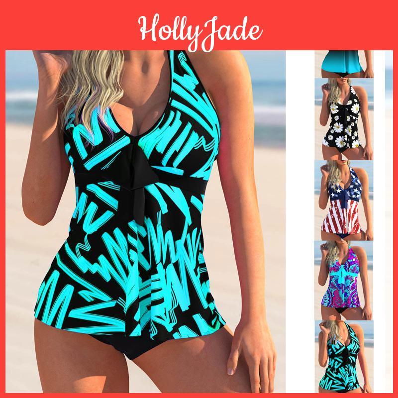 Printed Womens 2024 Beach Swimwear Off Shoulder Sexy Bikini Swimwear Summer Tankini Swimwear Tankiny Two Piece Beach Suit