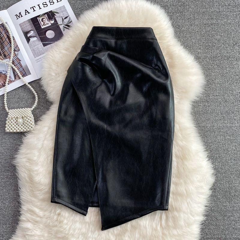 

Fashion Mid-Length Asymmetrical Elegant Bodycon Leather Skirt Black S