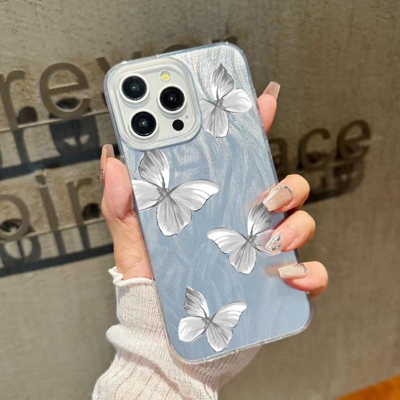 Carcasă de telefon subțire cu imprimeu de fluturi în culori solide, cu margini moi, pentru iPhone 16 Pro 15 Pro Max 14 13 12 11, cu sclipici, cu pene, rezistentă la șocuri, din PC rigid