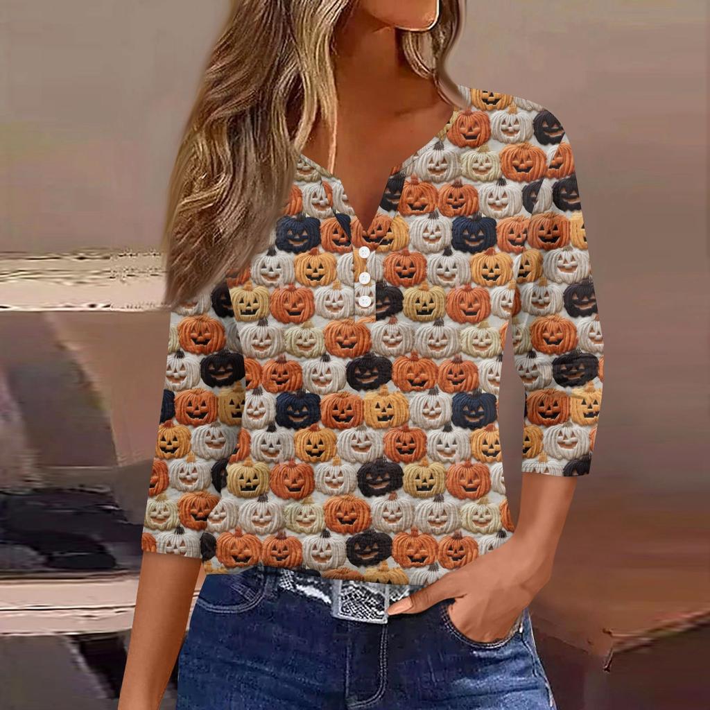 Damen T-Shirt mit Aufdruck, Knopfleiste, 3/4-Ärmel, modisch für den Alltag und das Wochenende, Basic, V-Ausschnitt, normales Oberteil