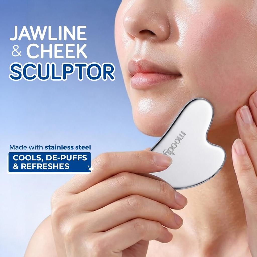 Moody Cool Contour™ Stainless Steel Gua Sha Facial Massage Tool for Face Sculpting, Lymphatic Drainage & Puffiness Reduction | Cooling Face Massage
