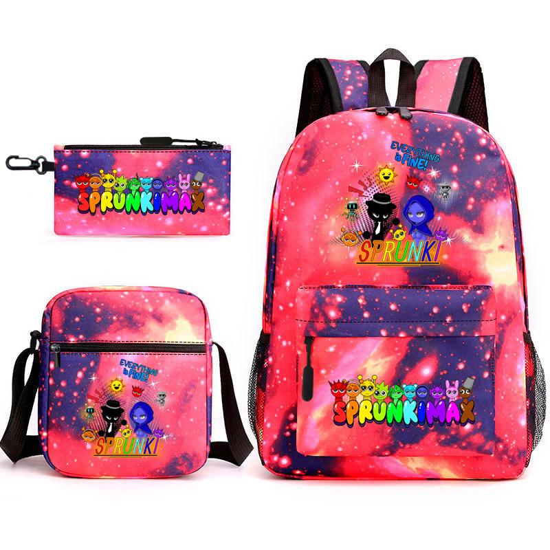 New Rhythm Box Student School Bag Three-piece Set, Casual Sprunki Backpack Crossbody Bag Pencil Bag
