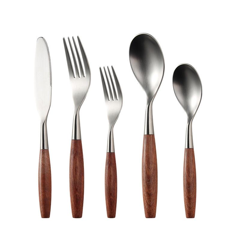 Elegancki zestaw ze stali nierdzewnej 304 z rękojeścią z drewna huanghuali, nóż, widelec i łyżka w stylu zachodnim, 5 głównych części, hotel Shabili
