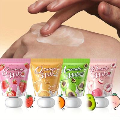 4 smaki kremu do rąk Fruit Milk, nawilżający i odżywczy do pielęgnacji dłoni, bogaty w proteiny mleczne, odpowiedni do każdego rodzaju skóry, idealny prezent na Boże Narodzenie