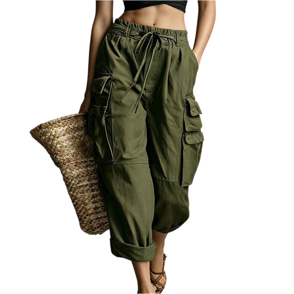 Women’s Loose Fit Straight Leg Cargo Pants with Drawstring Waist and Multiple Pockets for Casual Jogger Style Outdoor Work