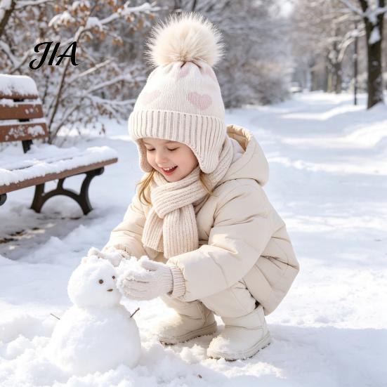 Cute Pom Knit Hat Kids Winter Hat, Warm Soft Pompom Cozy Gift for Children Heart Pattern, Earflap Boys Girls Toddlers Breathable