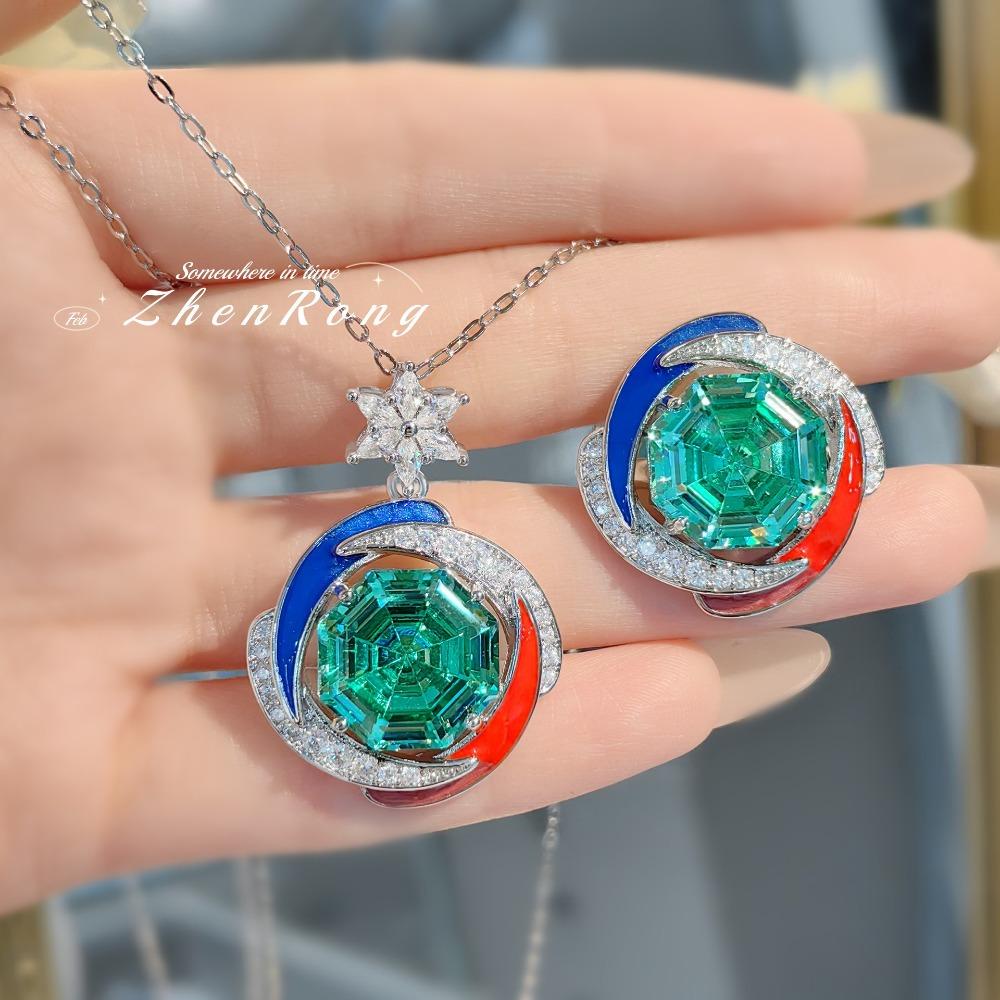

Fashion Women Jewelry Set Luxury Octagonal Paraiba Pendant Glittering Diamond Ring Tanzanite Necklace