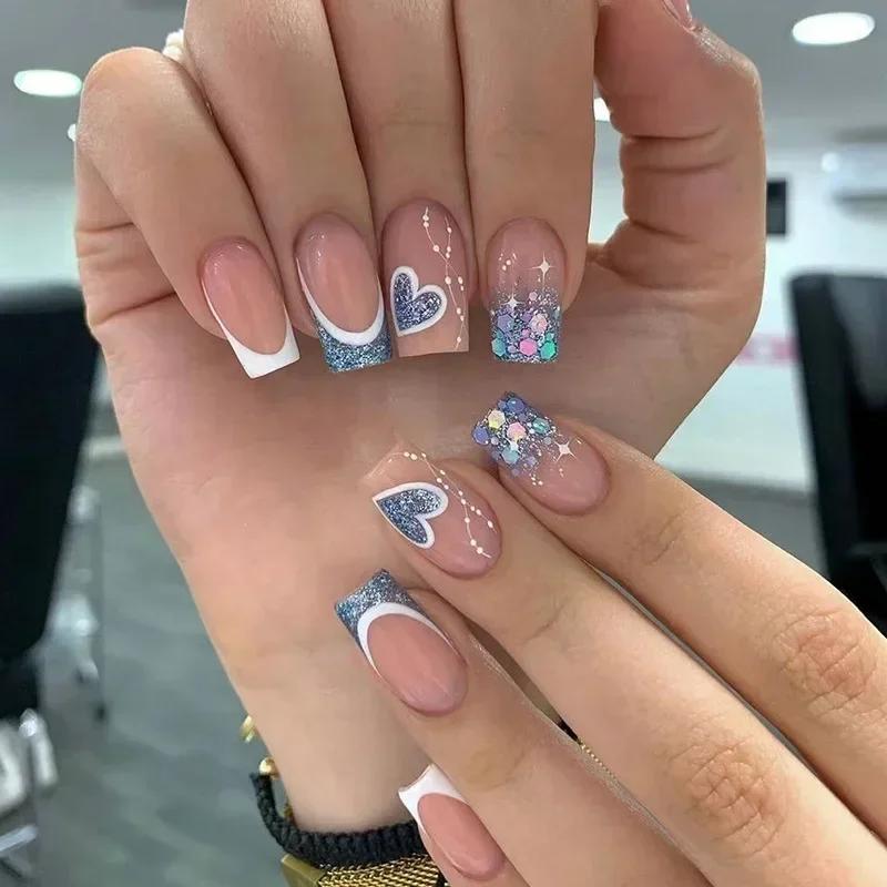 24Pcs Nude White French Fake Nail Short Square Nail Tips Fashion Wearable False Nails with Glue Simple Full Cover Press on Nails