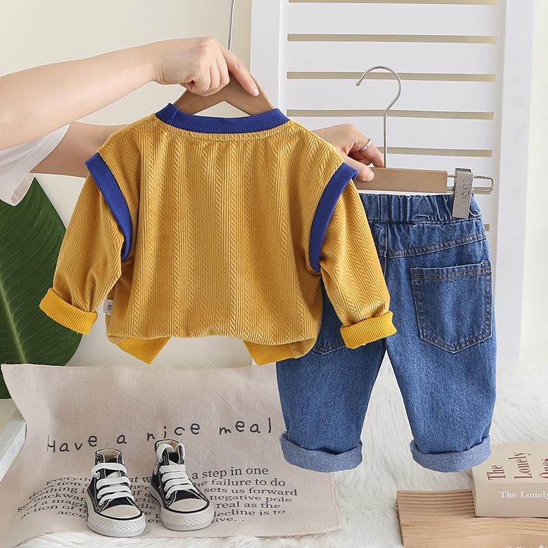 0-5-year-old boy's long sleeved suit, Children's round neck English printed hoodie+denim pants, Handsome clothes for children