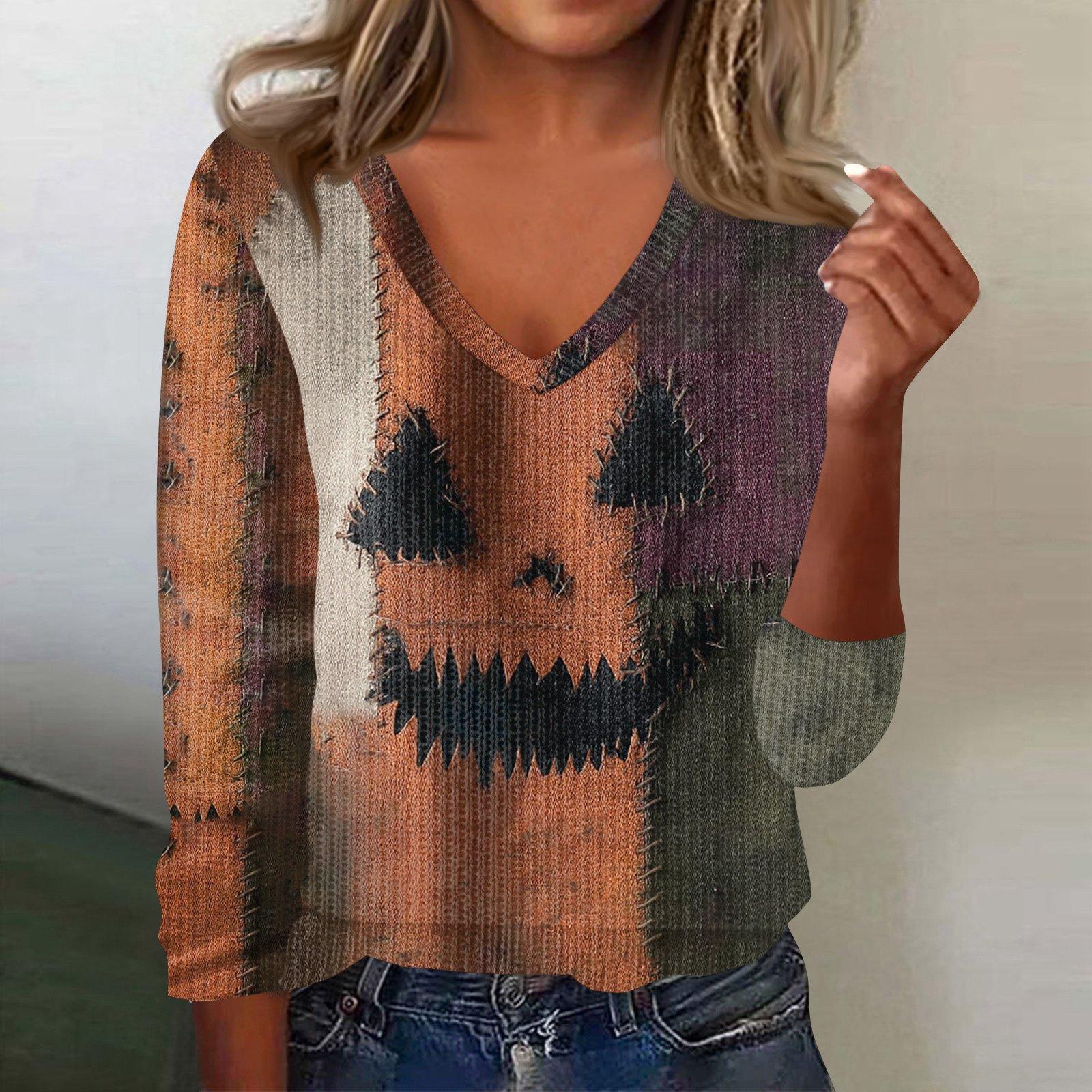 

Женский милый свитер вязаный модный повседневный с V-образным вырезом длинным рукавом уютный с принтом топ XL оранжевый