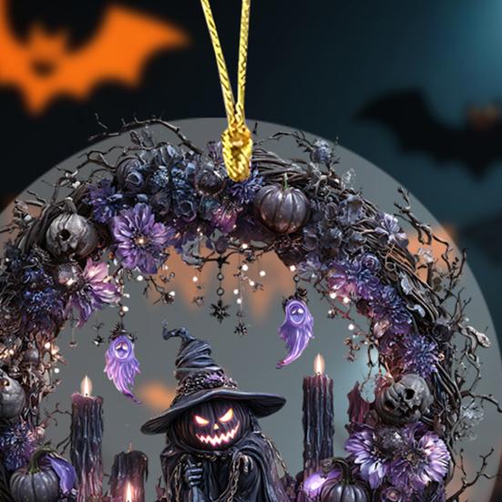 Halloween Pumpkin Witch Pendant Car Rearview Mirror Hanging Ornament 2D Flat Acrylic Bag Charm Festive Gift for Car Enthusiasts