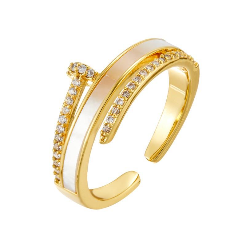 Adjustable Open Ring Women With Natural Shell Inlay Micro Pave Zirconia Fashionable Stackable Finger In Palladium