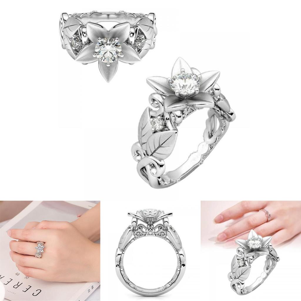 Exquisite Silver Floral Leaf Ring For Women Creative Zirconia Jewelry Ideal Gift