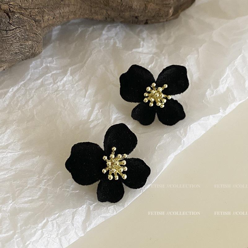 Silver Needle Burgundy Flocking Flower Earrings Women s, Temperament Versatile Velvet Stud Earrings 925 silver needle