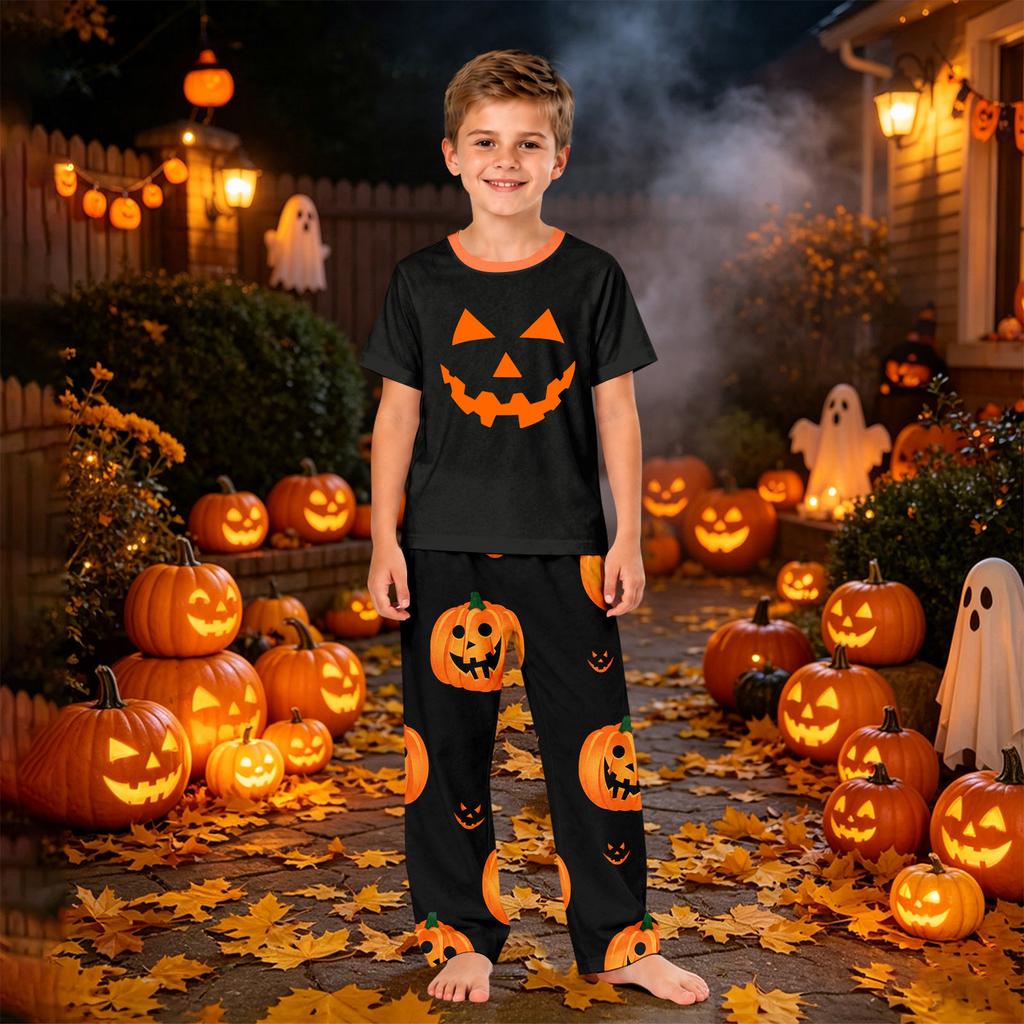 Family Matching Halloween Printed Loungewear Set Short Sleeve Top and Pants for Couples and Kids