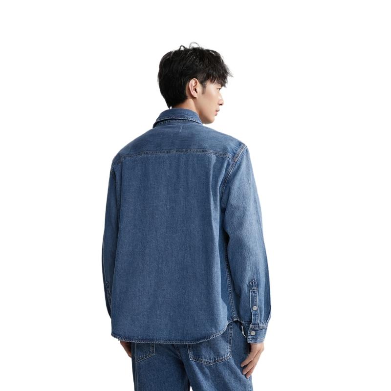 Calvin Klein Casual Minimalist Fabric Label Patch Pocket Cotton Denim Long Sleeve Shirt Men shirts Light-Blue J325545