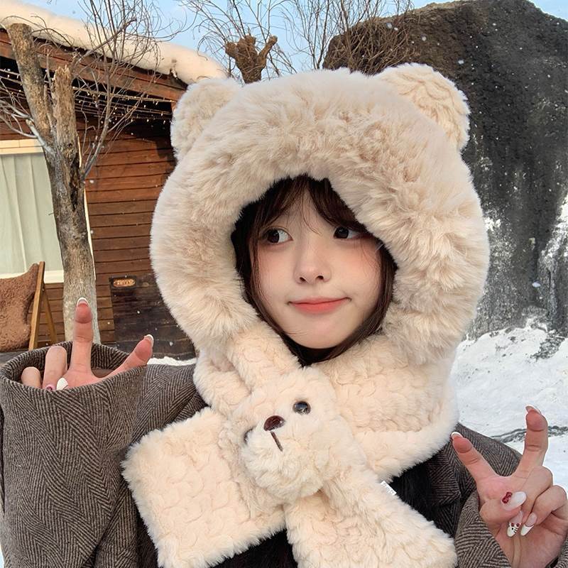 Bear Ears Hat Scarf Integrated Women's Winter Warm Windproof Thickened Plush Scarf Versatile Ear Protector Lei Feng Hat