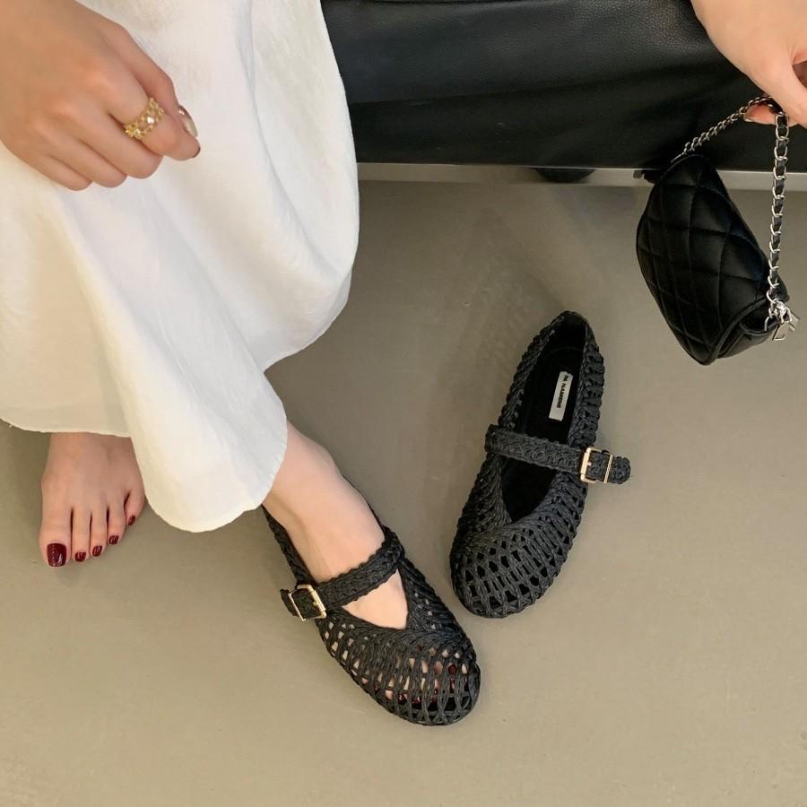 Spot~ Spring and summer new woven hollow Mary Jane ballet shoes fashionable versatile shallow mouth flat sole shoes women